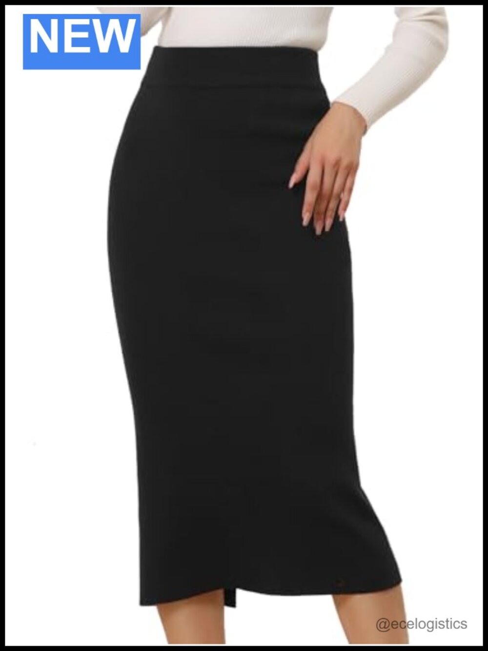Ribbed Knit High Waist Back Slit Pencil Midi Skirt, Stretchy